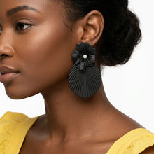 Load image into Gallery viewer, Large Stud Black Flower Fanned Teardrop Earrings
