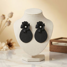 Load image into Gallery viewer, Large Stud Black Flower Fanned Teardrop Earrings
