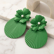 Load image into Gallery viewer, Large Stud Green Flower Fanned Teardrop Earrings
