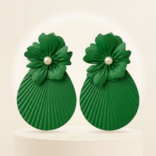 Load image into Gallery viewer, Large Stud Green Flower Fanned Teardrop Earrings
