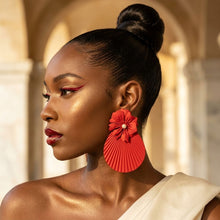 Load image into Gallery viewer, Large Stud Red Flower Fanned Teardrop Earrings

