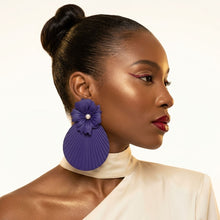 Load image into Gallery viewer, Large Stud Blue Flower Fanned Teardrop Earrings
