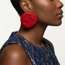 Load image into Gallery viewer, Red Stud XL Hammered Gold Domed Disc Earrings
