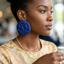 Load image into Gallery viewer, Blue Stud XL Hammered Gold Domed Disc Earrings
