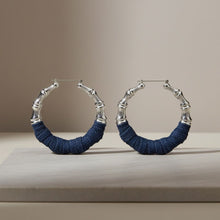 Load image into Gallery viewer, Hoop Denim Jeans Silver Bamboo Texture Earrings
