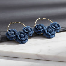 Load image into Gallery viewer, Hoop Denim Jeans Triple Rose Flowers Gold Earrings
