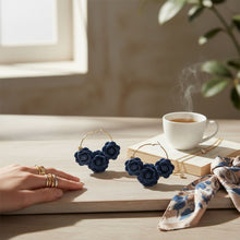 Load image into Gallery viewer, Hoop Denim Jeans Triple Rose Flowers Gold Earrings
