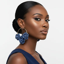 Load image into Gallery viewer, Hoop Denim Jeans Triple Rose Flowers Gold Earrings

