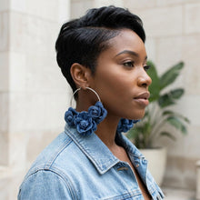 Load image into Gallery viewer, Hoop Denim Jean Triple Rose Flower Silver Earrings
