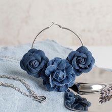 Load image into Gallery viewer, Hoop Denim Jean Triple Rose Flower Silver Earrings
