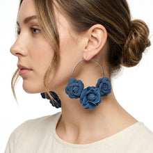 Load image into Gallery viewer, Hoop Denim Jean Triple Rose Flower Silver Earrings
