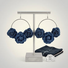 Load image into Gallery viewer, Hoop Denim Jean Triple Rose Flower Silver Earrings
