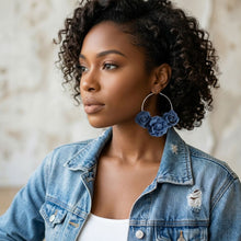 Load image into Gallery viewer, Hoop Denim Jean Triple Rose Flower Silver Earrings
