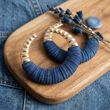 Load image into Gallery viewer, Hoop Denim Wrapped Thick Gold Bubble Earrings
