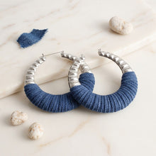 Load image into Gallery viewer, Hoop Denim Wrapped Thick Silver Bubble Earrings
