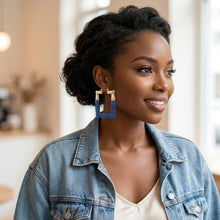Load image into Gallery viewer, Hoop Denim Wrapped Gold Bamboo Rectangle Earrings
