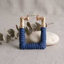 Load image into Gallery viewer, Hoop Denim Wrapped Gold Bamboo Rectangle Earrings
