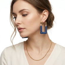 Load image into Gallery viewer, Hoop Denim Wrapped Gold Bamboo Rectangle Earrings
