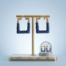 Load image into Gallery viewer, Hoop Denim Wrapped Gold Bamboo Rectangle Earrings
