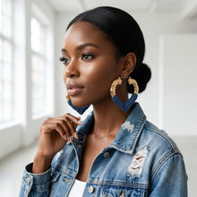 Load image into Gallery viewer, Hoop Denim Wrapped Gold Bamboo Heart Earrings
