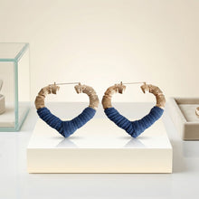 Load image into Gallery viewer, Hoop Denim Wrapped Gold Bamboo Heart Earrings
