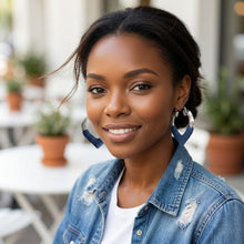 Load image into Gallery viewer, Hoop Denim Wrapped Silver Bamboo Heart Earrings
