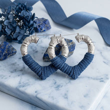 Load image into Gallery viewer, Hoop Denim Wrapped Silver Bamboo Heart Earrings

