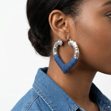 Load image into Gallery viewer, Hoop Denim Wrapped Silver Bamboo Heart Earrings
