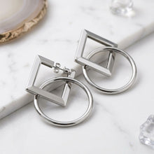 Load image into Gallery viewer, Silver Geometric Diamond Circle Drop Earrings
