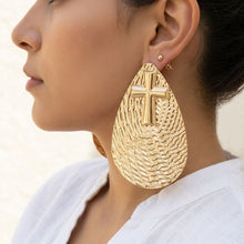 Load image into Gallery viewer, Gold Textured Teardrop Cross XL Stud Earrings
