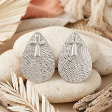 Load image into Gallery viewer, Silver Textured Teardrop Cross XL Stud Earrings
