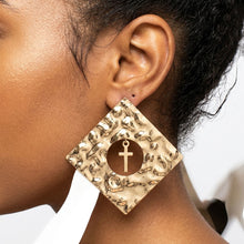 Load image into Gallery viewer, Gold Hammered Diamond Cross Large Stud Earrings
