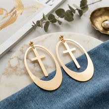 Load image into Gallery viewer, Dangle Oversized Gold Oval Cross Charm Earrings

