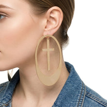 Load image into Gallery viewer, Dangle Oversized Gold Oval Cross Charm Earrings
