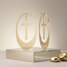 Load image into Gallery viewer, Dangle Oversized Gold Oval Cross Charm Earrings
