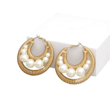 Load image into Gallery viewer, Hoops Gold Double Coiled Wire Pearl Earrings
