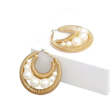 Load image into Gallery viewer, Hoops Gold Double Coiled Wire Pearl Earrings
