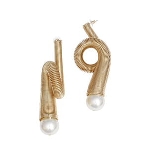 Drop Large Gold Looped Coiled Wire Pearl Earrings