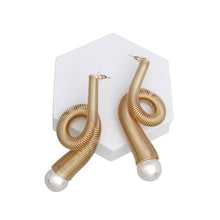 Load image into Gallery viewer, Drop Large Gold Looped Coiled Wire Pearl Earrings
