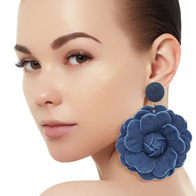 Drop Large Blue Denim Flower Earrings for Women