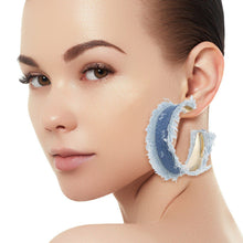 Load image into Gallery viewer, Hoops Distressed Blue Denim Fringe Earrings Women
