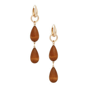 Hoop Brown Wood Teardrop Long Gold Earrings
