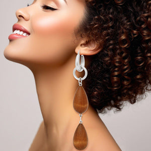 Hoop Brown Wood Teardrop Long Silver Earrings