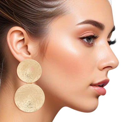 Clip On Earrings Scratched Gold Circle Drop Women