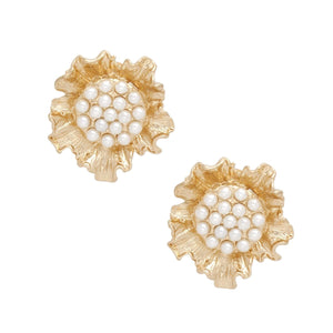 Clip On Gold Sculpted Floral Cream Pearl Earrings