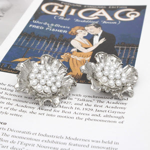 Clip On Silver Sculpted Floral White Pearl Earrings