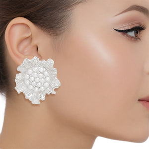 Clip On Silver Sculpted Floral White Pearl Earrings