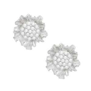 Clip On Silver Sculpted Floral White Pearl Earrings