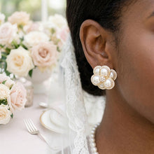 Load image into Gallery viewer, Clip on Gold Stacked Pearl Dome Pave Earrings
