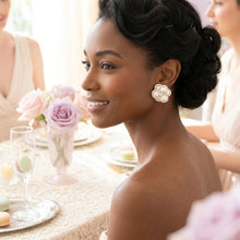 Load image into Gallery viewer, Clip on Gold Stacked Pearl Dome Pave Earrings
